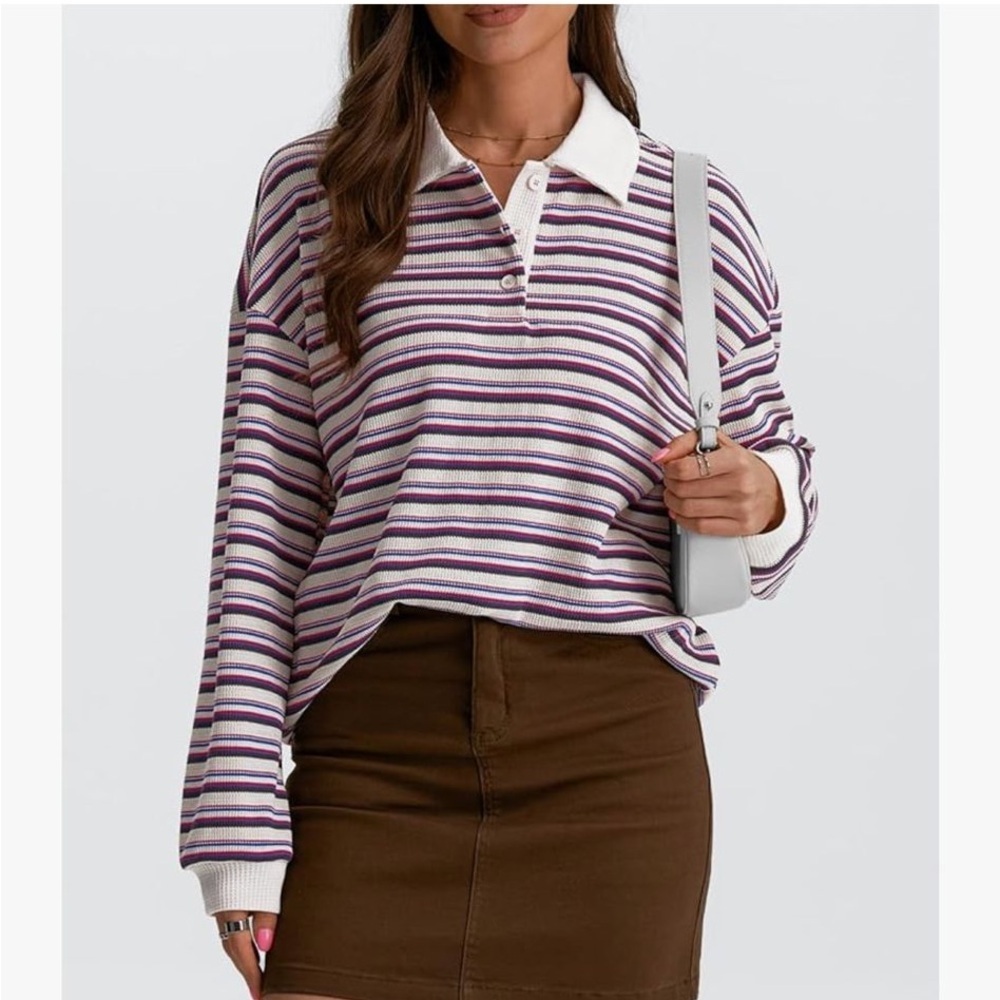 Striped Polo Knit Sweatshirt - White & Purple